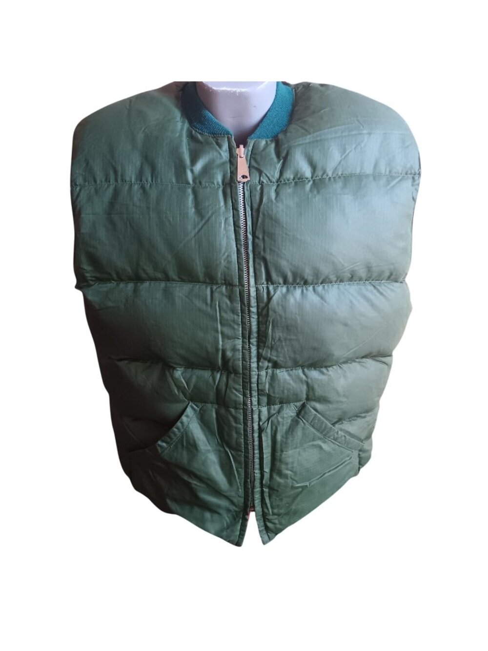 True Vintage Puffer Vest Large Green Down Fill Reversible 1980's nylon Hunting